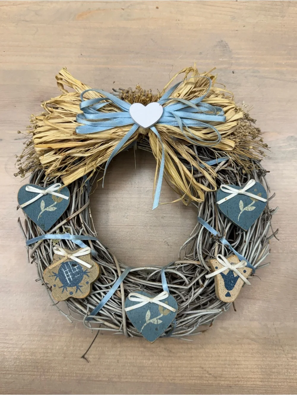 Vintage Decorative Blue and Natural Heart Wreath - Home Holiday